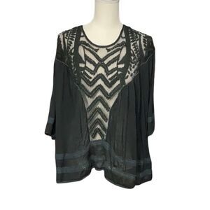 Kimchi Blue Black Open Back Embroidered Beaded Semi  Sheer Top NWT Size Large
